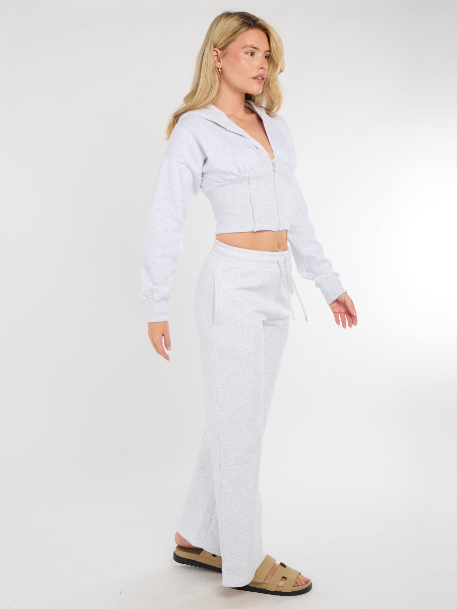 Hooded Zip Up Crop Top & Wide Leg Trouser Tracksuit - Hunter