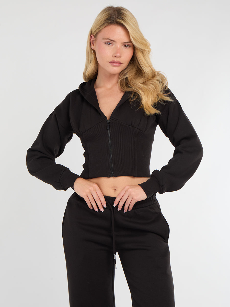 Hooded Zip Up Crop Top & Wide Leg Trouser Tracksuit - Hunter