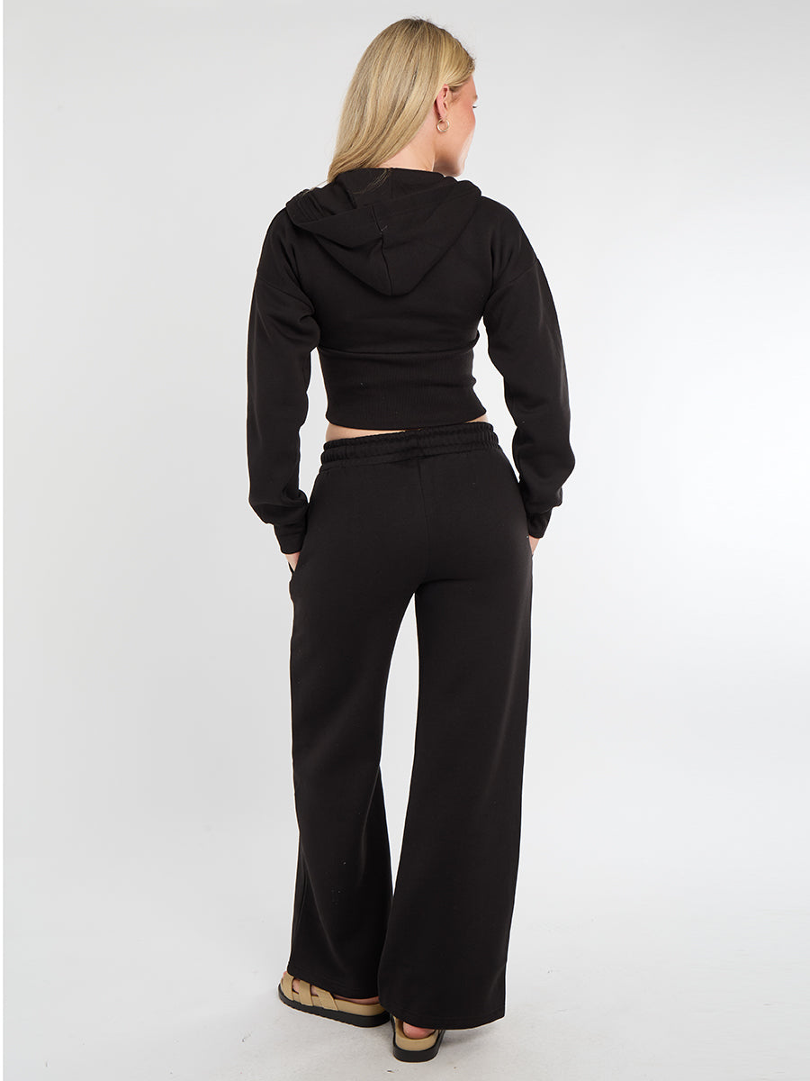 Hooded Zip Up Crop Top & Wide Leg Trouser Tracksuit - Hunter