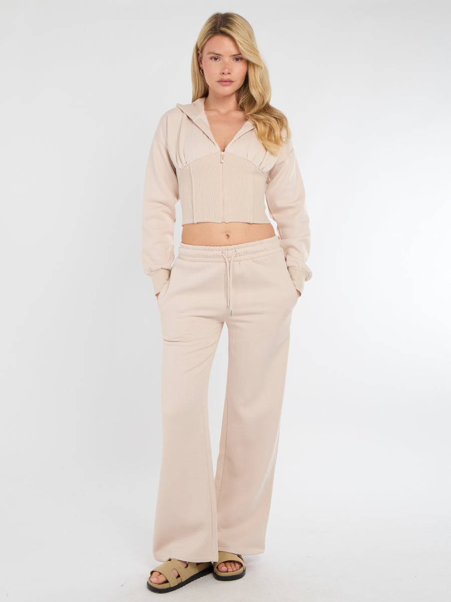 Hooded Zip Up Crop Top & Wide Leg Trouser Tracksuit - Hunter