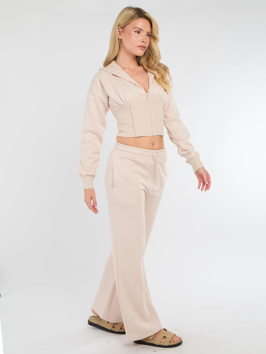 Hooded Zip Up Crop Top & Wide Leg Trouser Tracksuit - Hunter