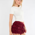 Wine red lace mini skort with ruffle layers and short length