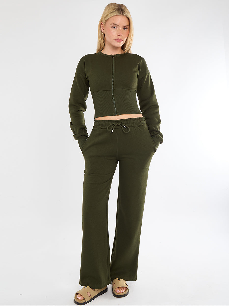 Zip Up Crop Sweatshirt & Wide Leg Trouser Tracksuit - Pearl
