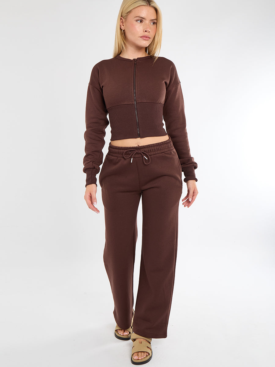 Zip Up Crop Sweatshirt & Wide Leg Trouser Tracksuit - Pearl