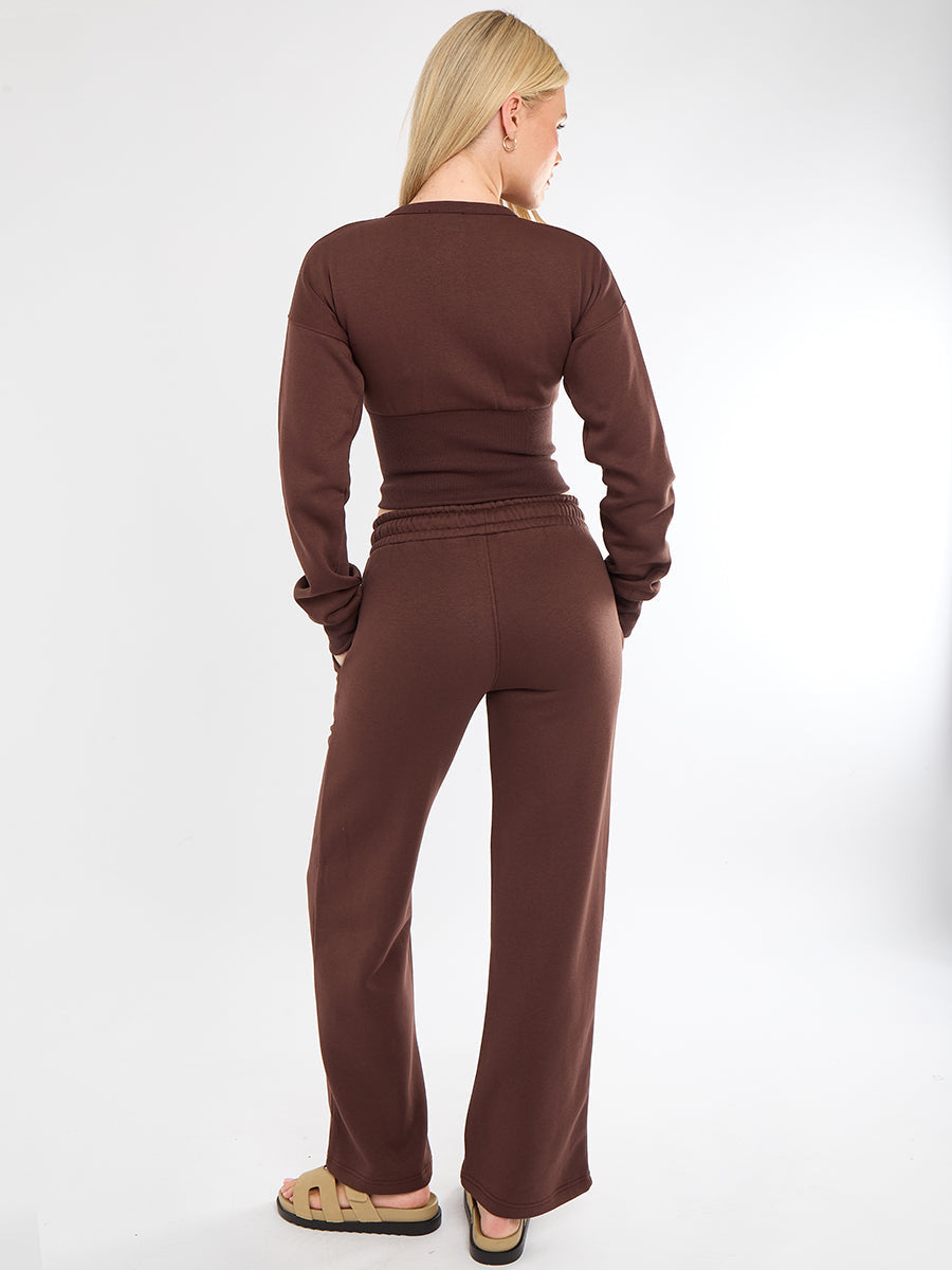 Zip Up Crop Sweatshirt & Wide Leg Trouser Tracksuit - Pearl