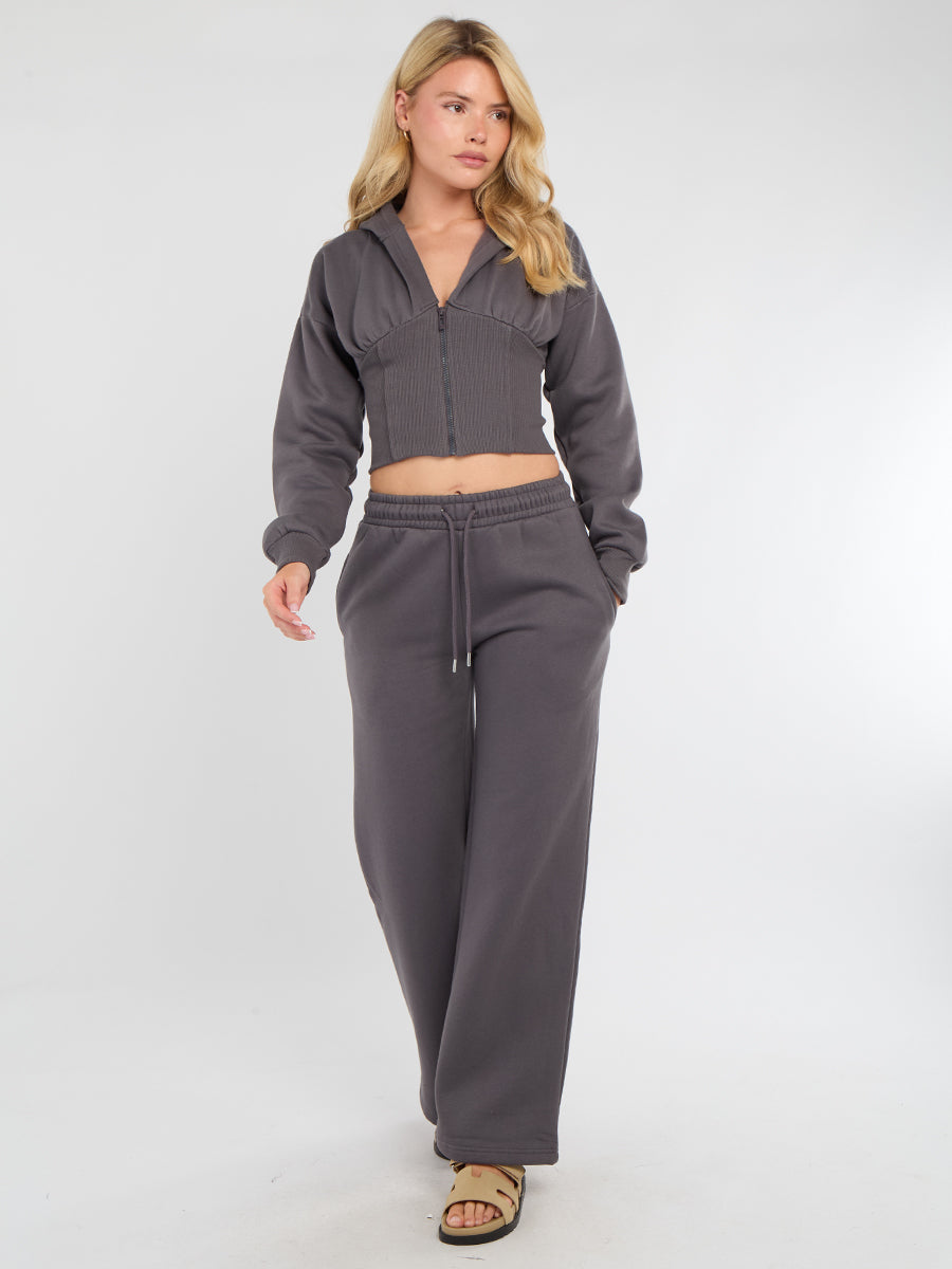 Hooded Zip Up Crop Top & Wide Leg Trouser Tracksuit - Hunter