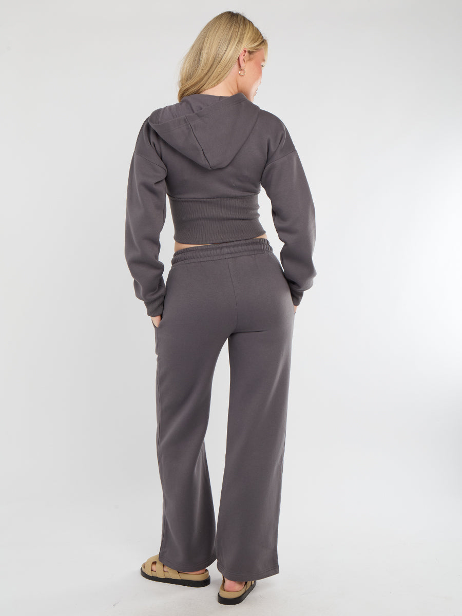 Hooded Zip Up Crop Top & Wide Leg Trouser Tracksuit - Hunter