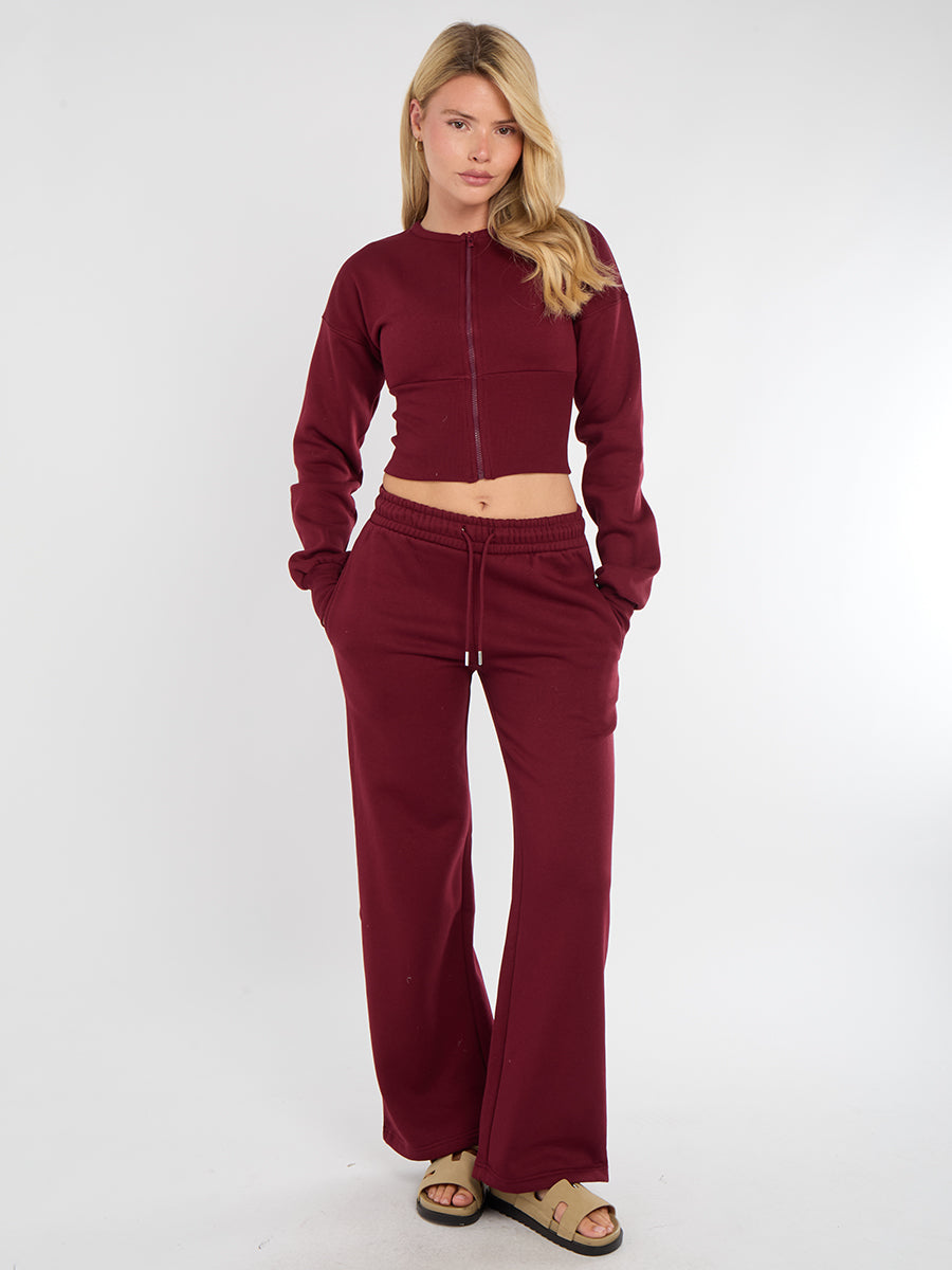 Zip Up Crop Sweatshirt & Wide Leg Trouser Tracksuit - Pearl