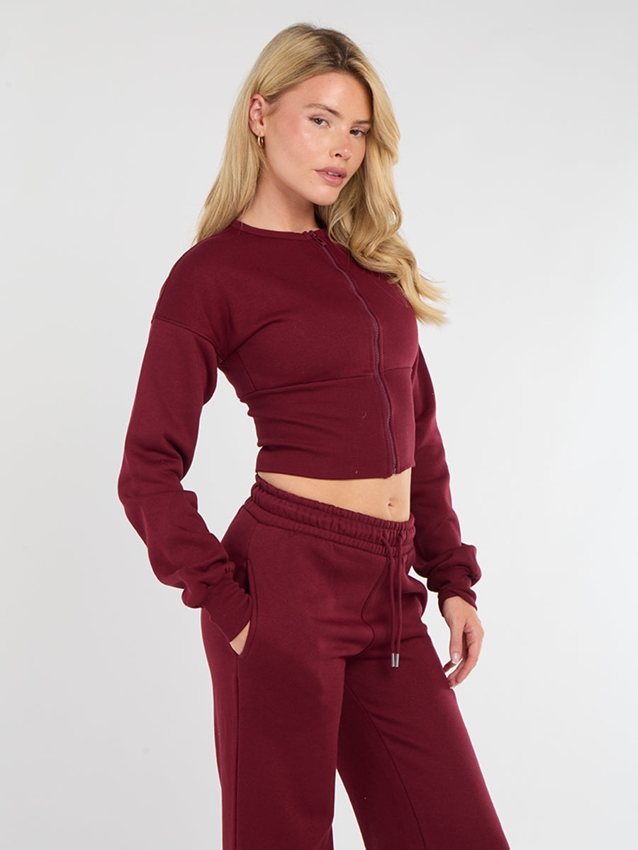 Zip Up Crop Sweatshirt & Wide Leg Trouser Tracksuit - Pearl