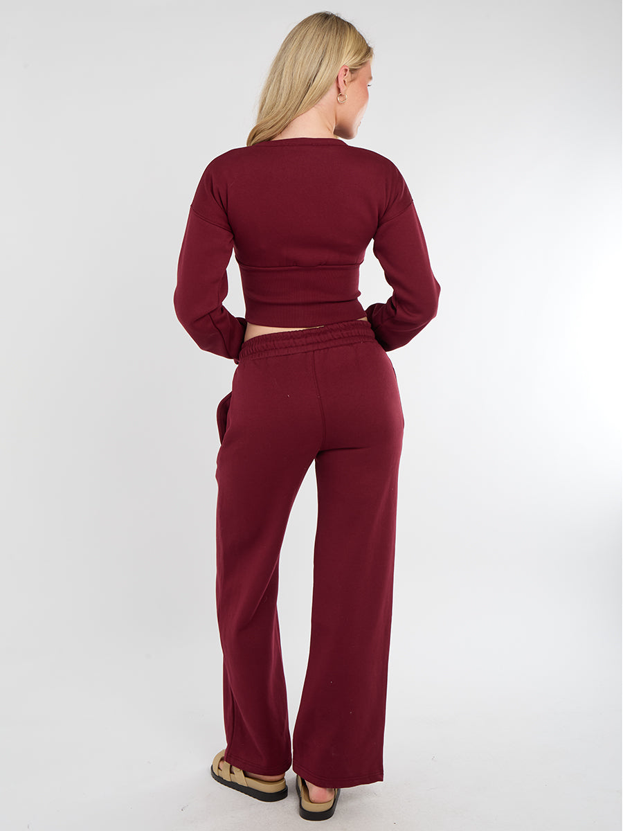 Zip Up Crop Sweatshirt & Wide Leg Trouser Tracksuit - Pearl
