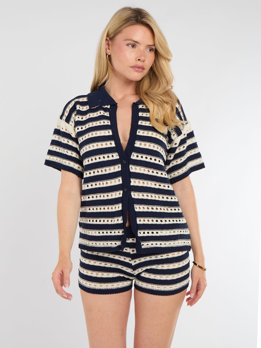 Stripe Crochet Knitted Top and Shorts Set - Monica