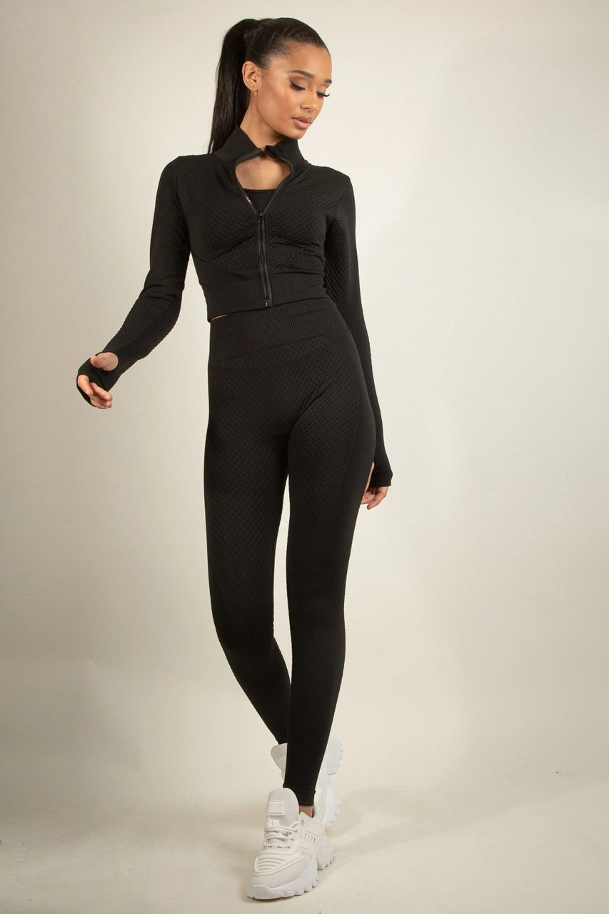 Black Textured Active Jacket Top & Pants Gym Set - Storm Desire
