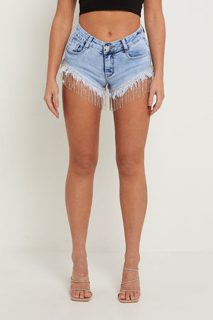 Denim Diamante Chain Frayed Hem Shorts - Stevie - Storm Desire