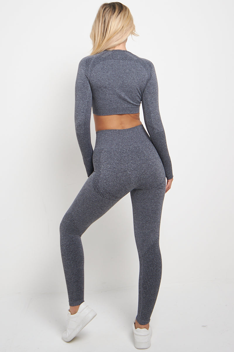 Dark Grey Ribbed Textured Active Top & Pants Set - Astrid - Storm Desire