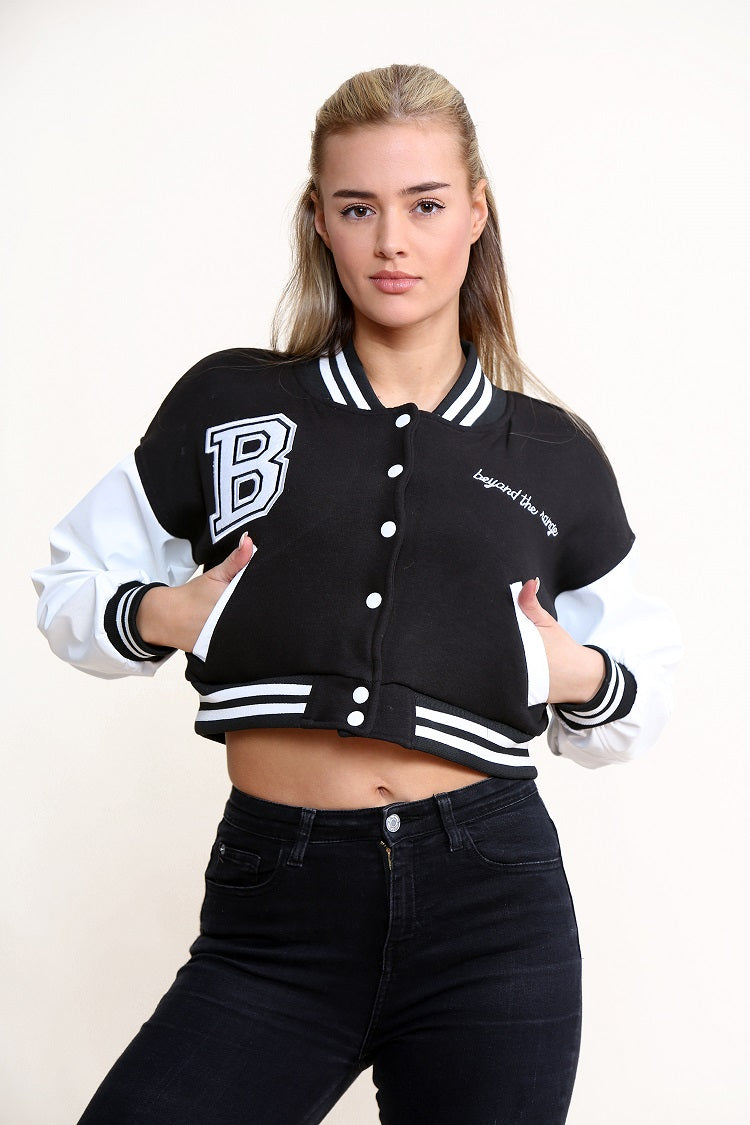 Black B Slogan Crop varsity Baseball Jacket - Yasmin - Storm Desire