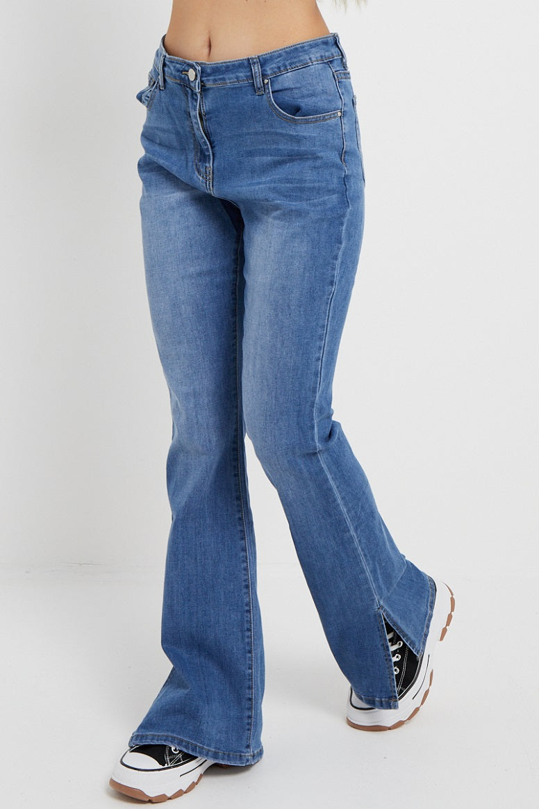 Denim Blue Denim Slit High Waist Flared Jeans - Kimora - Storm Desire