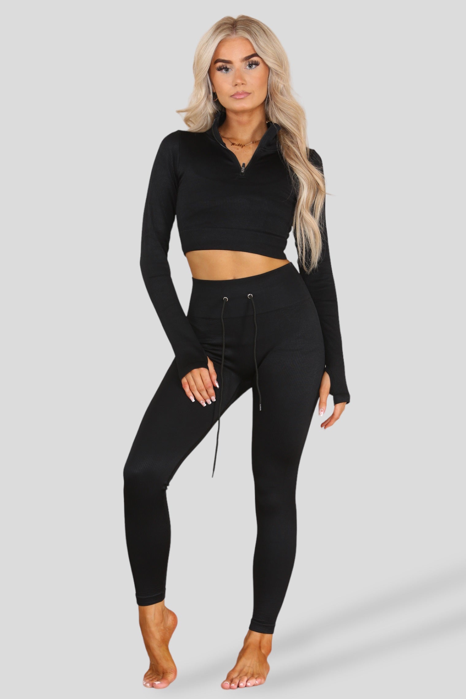 Black Ribbed Zip Top & Leggings Active Set - Gwen - Storm Desire