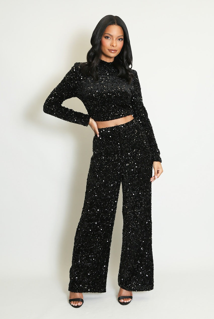 Long Sleeve Sequin Crop Top - Mikaela