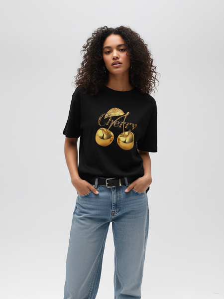 Gold Cherry Print T-Shirt - Isabella
