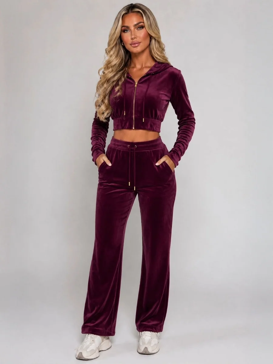 Wine velour crop hoodie and wide-leg trousers set with zip front and drawstring waist