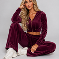 Wine velour crop hoodie and wide-leg trouser set with zip front and drawstring waist