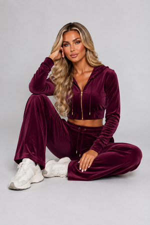 Wine velour crop hoodie and wide-leg trouser set with zip front and drawstring waist