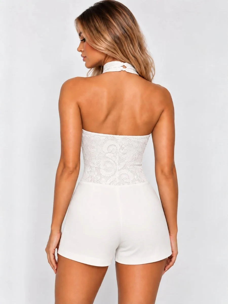 White lace halter neck bodysuit with matching high-rise shorts, open back view.