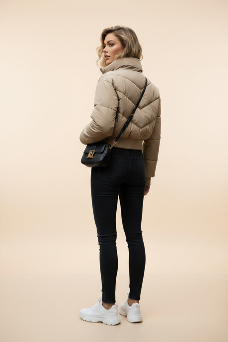 Quilted puffer jacket with hood, olive color, full zip, long sleeves