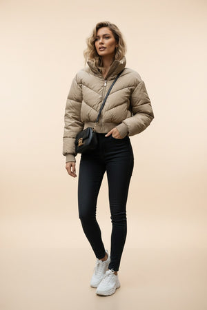 Front view hooded puffer jacket, olive, diamond stitching, zip front