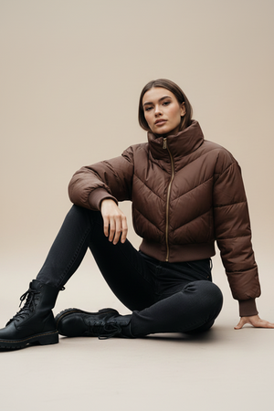 Hooded puffer jacket, dark brown, diamond quilting, full zip, long sleeves