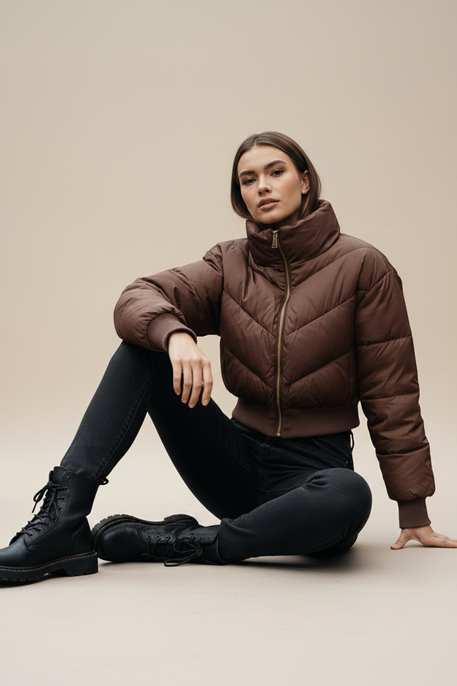 Hooded puffer jacket, dark brown, diamond quilting, full zip, long sleeves