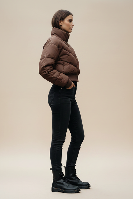 Side view hooded puffer jacket, dark brown, diamond quilting, zip front