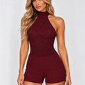 Wine lace halter neck bodysuit with matching high-rise shorts, front view.