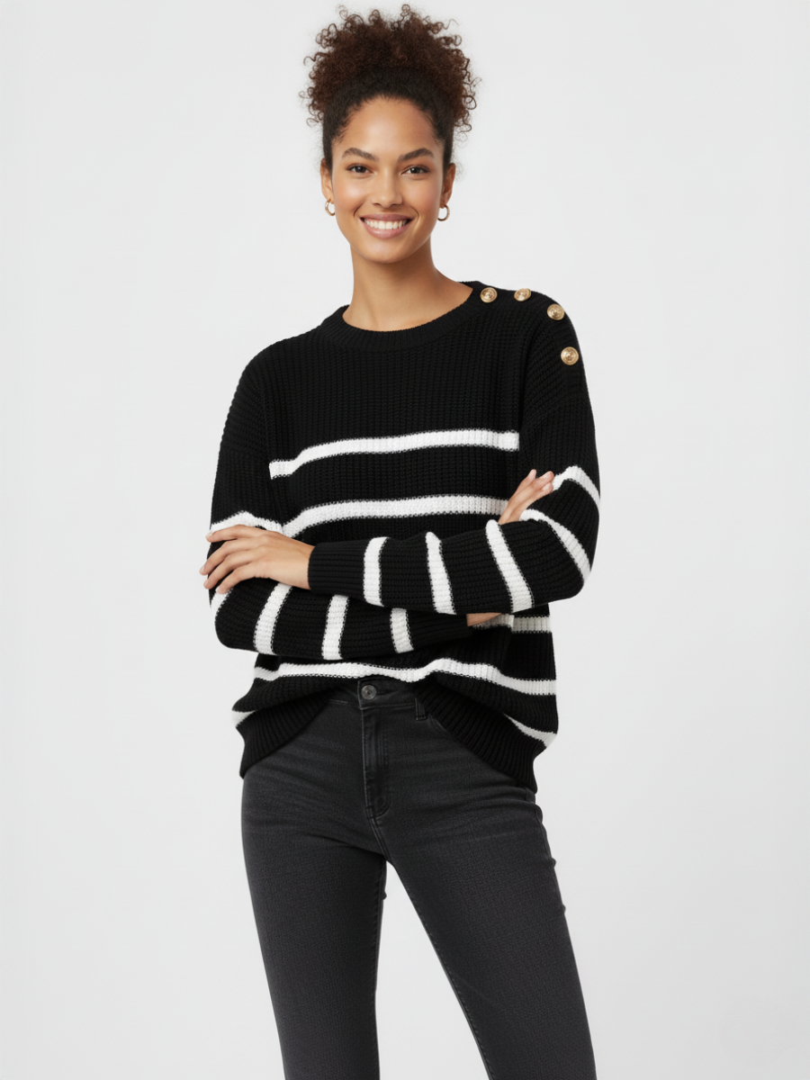 Knitted Stripe Gold Button Jumper - Janiyah