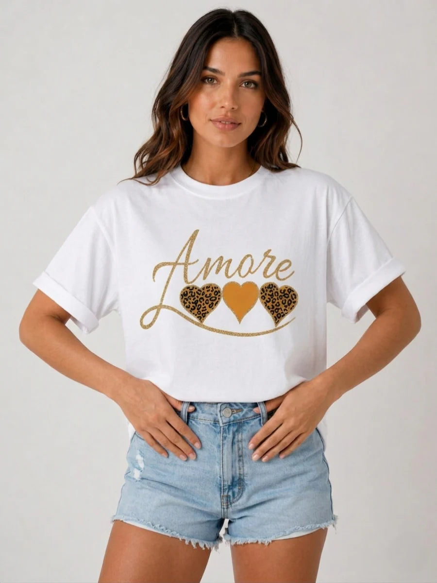 Amore Leopard Heart Graphic Design T-Shirt - Kelly