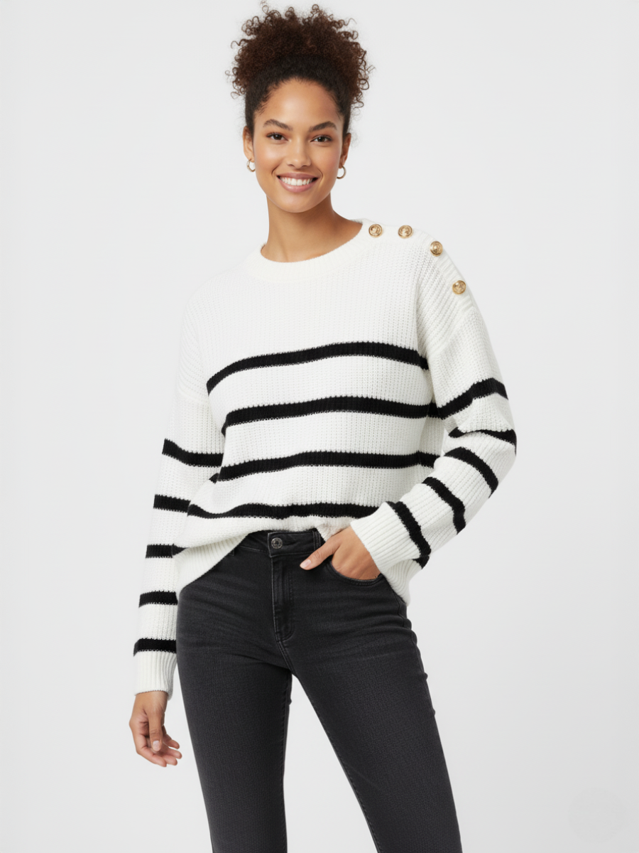 Knitted Stripe Gold Button Jumper - Janiyah