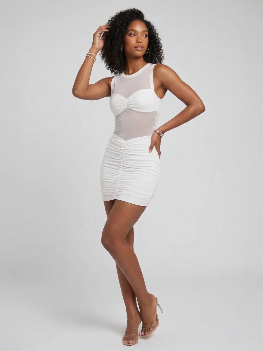 white mesh ruched bodycon dress High Neck Mesh Bodycon Ruched Dress