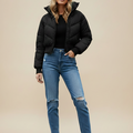 Black hooded quilted crop puffer jacket with front zipper