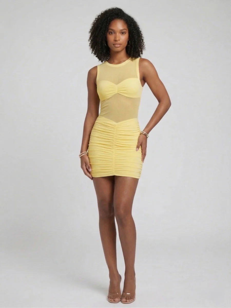 High Neck Mesh Bodycon Ruched Dress - Vera
