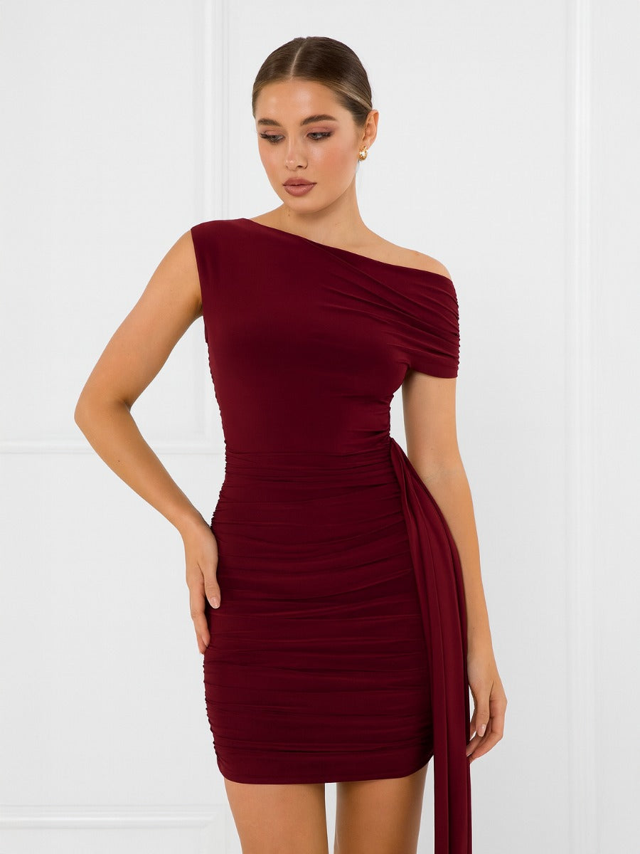 Ruched Slinky Bodycon Drape Mini Dress - Mavis