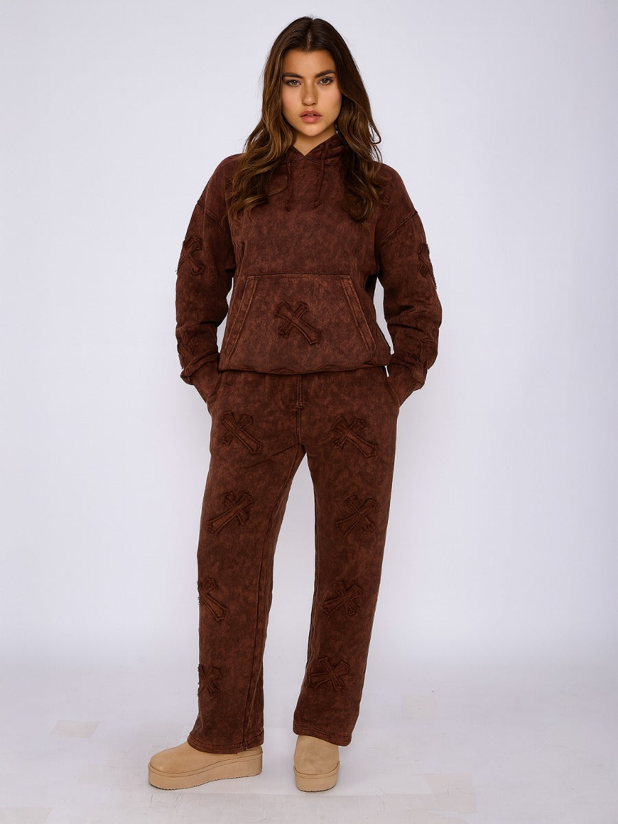 Acid Wash Crucifix Cross Hooded Tracksuit - Kayla