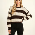 Color-block striped cropped knitted jumper in brown and cream, ribbed cuffs and hem