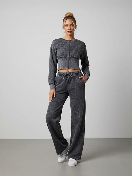 Acid Wash Cropped Top & Wide Leg Trouser Tracksuit - Julietta