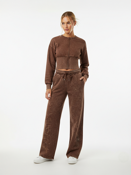 Acid Wash Cropped Top & Wide Leg Trouser Tracksuit - Julietta