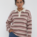 Elodie rugby collar stripe sweatshirt, pink with brown and white multi stripes, cream collar