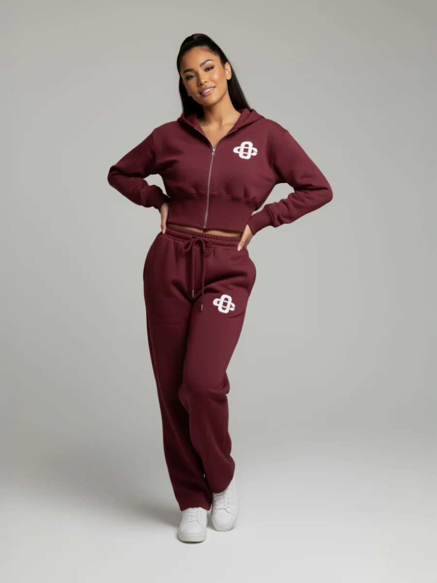Wine cropped zip hoodie and jogger set with drawstring waist and front logo
