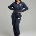 Navy cropped zip hoodie and jogger set with drawstring waist and front logo