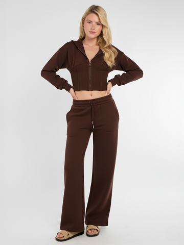 Hooded Zip Up Crop Top & Wide Leg Trouser Tracksuit - Hunter