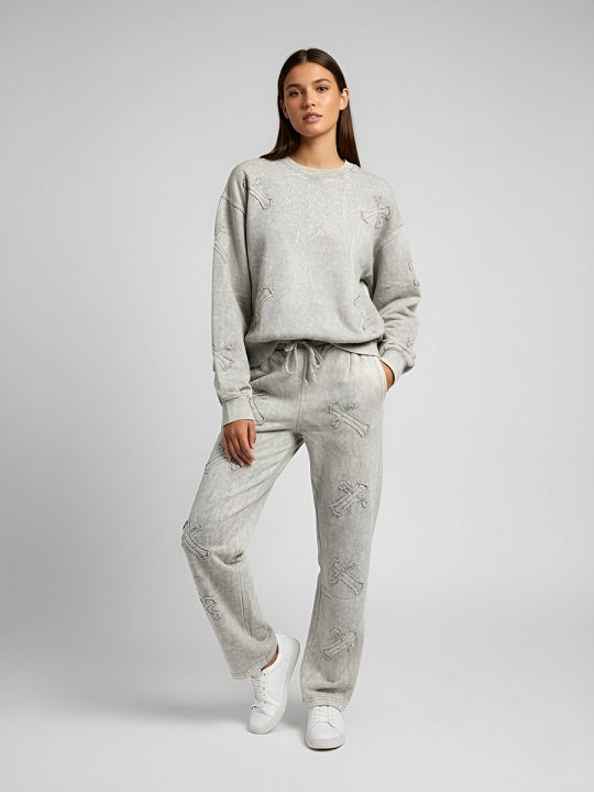 Acid Wash Oversized Crucifix Embroidered Set - Violette