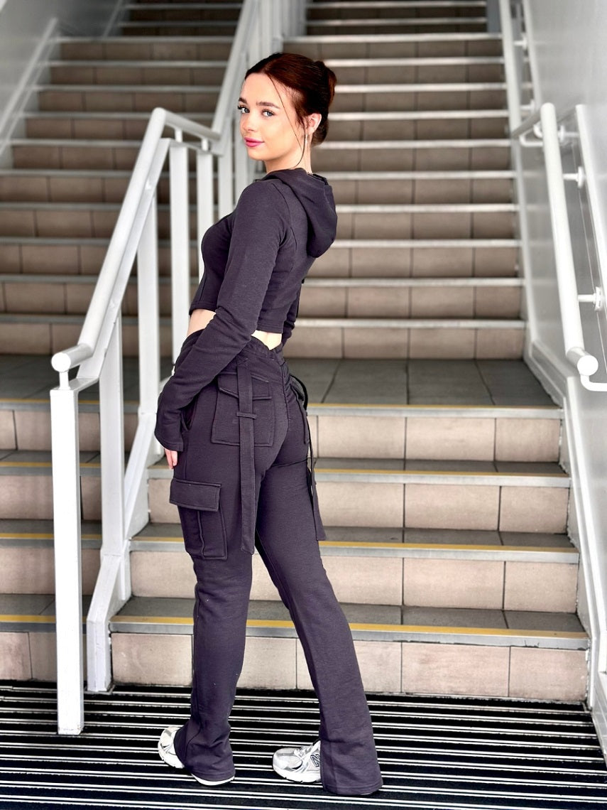 Utility Pocket Crop Zip Top & Flare Jogger Set - Isabel - Storm Desire